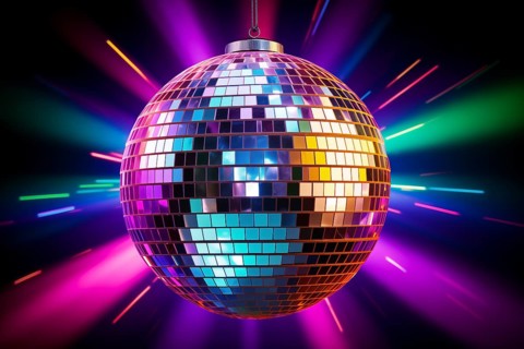 A disco ball is suspended from the ceiling at party in nightclub, reflecting the lights and