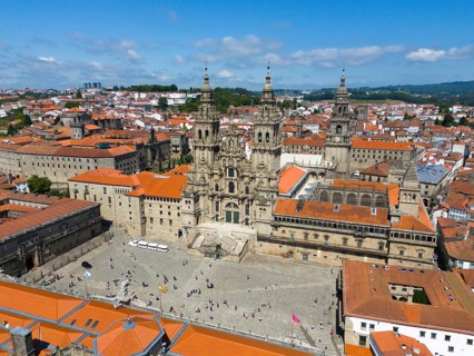 An aerial view of a cathedral and red roofs of a historic cityscape in sunny weather, Cathedral,