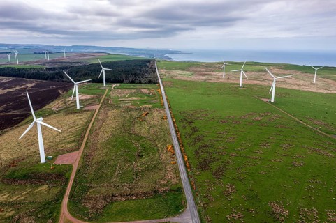 Drone hill windfarm west of St. Abbs, scottish east coast, aerial view, Scotland, UK
