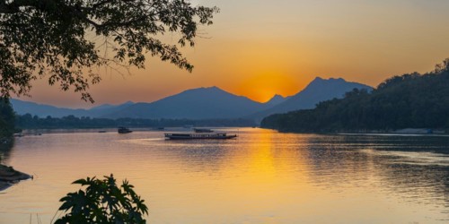 Sunset on the Mekong near Luang Prabang, Laos, Asia