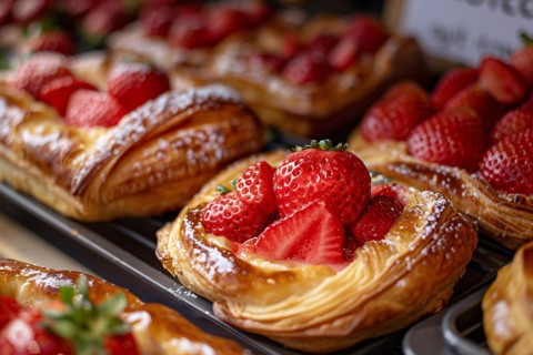 Close up of pastries with strawberry fruits. KI generiert, generiert, AI generated