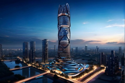 Futuristic skyscraper with termite mounds for natural ventilation and energy efficiency, AI