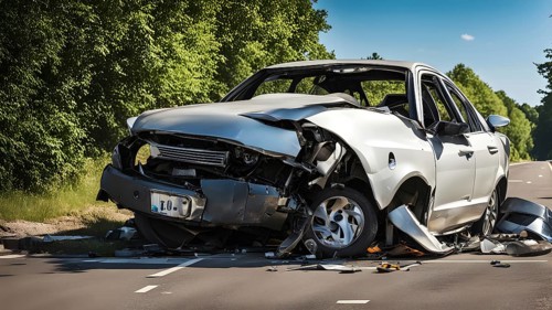 Close-up of damaged car wrecks after a road accident, AI generated