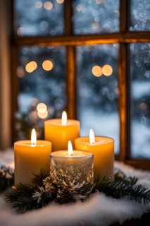 Snow-covered window with frost patterns, candlelight softly glowing through the glass, and warm,