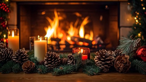 A cozy fireplace mantle decorated with pine cones, garlands, and lit candles, with a close-up focus