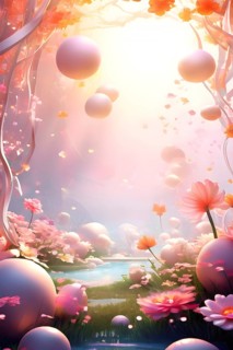 Surreal Easter scene with floating eggs, ribbons, and flowers in a dreamlike, whimsical composition