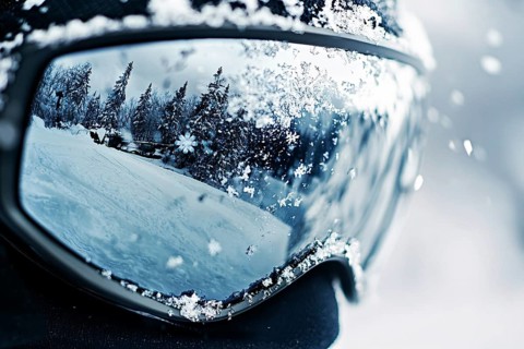 Person's face with large skiing sunglasses with snow in winter. Generative Ai, AI generated