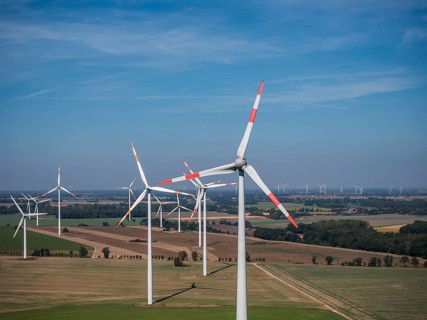 Wind farm near Anklam, drone photo of wind turbines, Sarnow, Mecklenburg-Western Pomerania,
