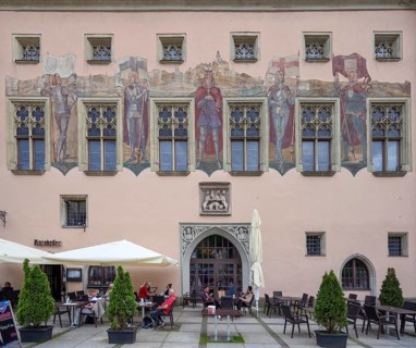 Detail of the Old Town Hall with the facade frescoes from 1922, the frescoes show Emperor Ludwig