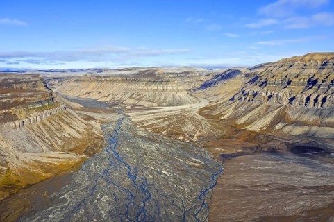 Aerial view over river delta at Skansbukta in the outer Billefjorden, Billefjord, southeast of