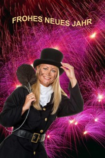 Female chimney sweep in front of fireworks on New Year's Eve, Lower Saxony, Federal Republic of