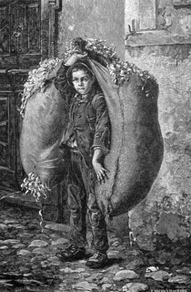 Poor boy as street vendor, selling wood shavings, wood shavings, Germany, 1887, Historical, digital