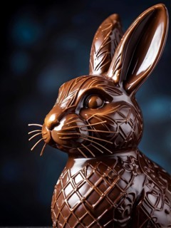 Easter bunny figurine made of chocolate, with a soft focus on intricate patterns and glossy