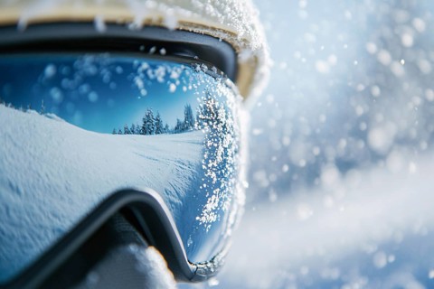 Close up of person's face with large skiing sunglasses with snow in winter. Generative Ai, AI