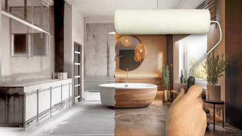 Before and after of man using painting roller to reveal newly remodeled master bathroom under