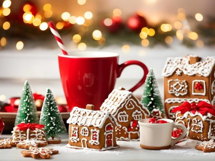 Kitchen counter filled with Christmas cookies, gingerbread houses, and mugs of hot chocolate, with