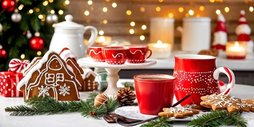 Kitchen counter filled with Christmas cookies, gingerbread houses, and mugs of hot chocolate, with