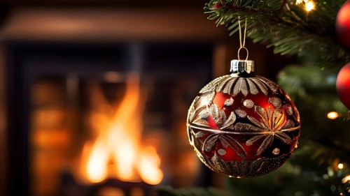 Christmas ornament hanging on a tree, with reflections of twinkling lights and fireplace flames