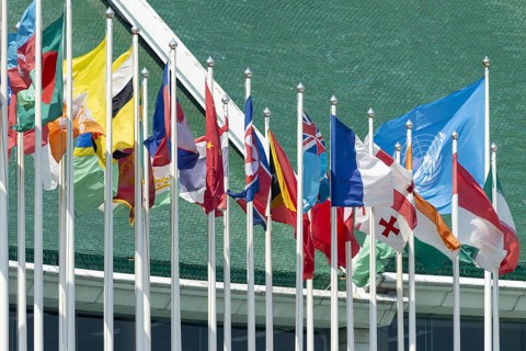 Many flags in front of the United Nations Conference Centre, Bangkok, Thailand, Asia