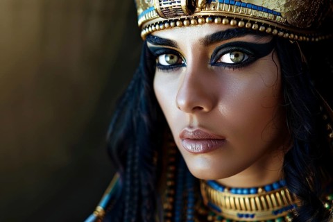 Close up of face of woman with beautiful Cleopatra style makeup and accessories. Generative Ai, AI