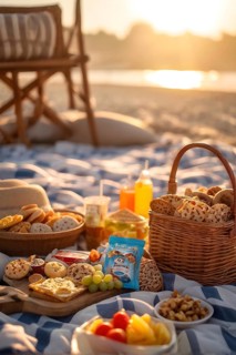 Picnic scene with healthy food and snacks on a sunny sandy beach, AI generated