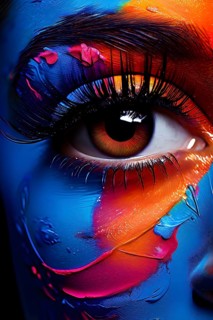 Close up portrait of an intricate eye makeup with vividly colored eyelids, AI generated
