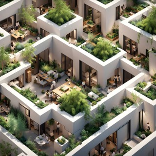 3d render of a compact community of interconnected artists studios in co living, AI generated
