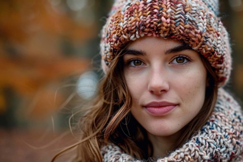 Young woman with knitted hat and scarf in autumn forest in background. Generative Ai, AI generated