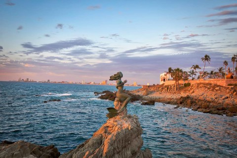 Mazatlan, Mexico-10 April, 2019: Famous Mazatlan sea promenade (El Malecon) with ocean lookouts and