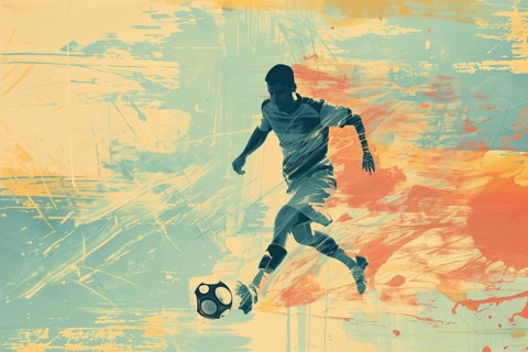 A soccer player dribbles and kicks a soccer ball. Abstract vintage grungy poster style with muted