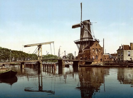 St Catherine's Bridge and Windmill, Haarlem, Holland, ca 1895, Historical, digitally restored