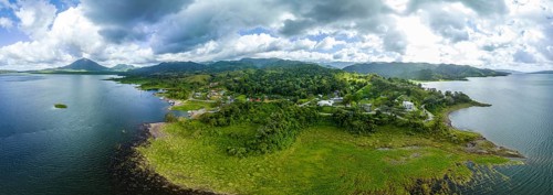 Aerial view, panorama of Arenal Volcano at Lago Arenal, Puntarenas, Costa Rica, Central America