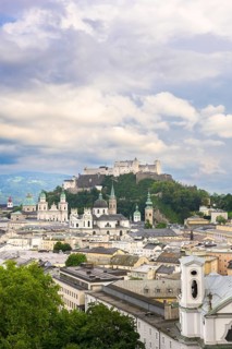 View of Salzburg with Hohensalzburg Fortress in the background and the historic city centre in the