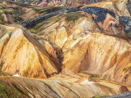 Colorful rhyolite mountains, lava field below mt. Brennisteinsalda, Landmannalaugar, Fjallabak