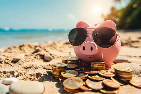 Piggy bank with coins on sunny beach. Generative ai, AI generated