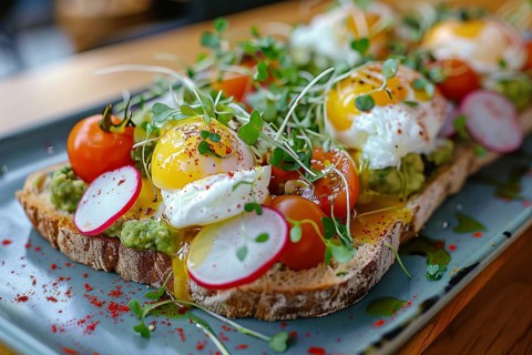 Avocado toast topped with poached eggs, cherry tomatoes, radish slices and microgreens. Generative