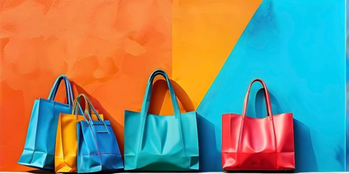 Assorted vibrant shopping bags lined up in front of a colored background, AI generated