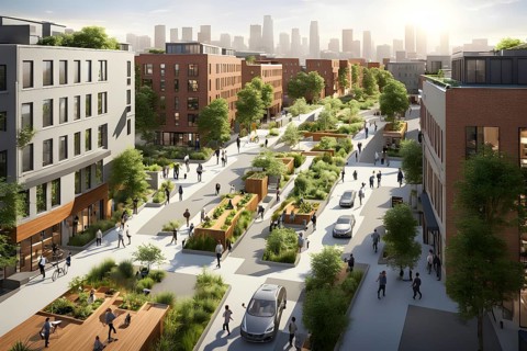 3d model render showcasing an urban neighborhood boasting ecological zero waste infrastructure with