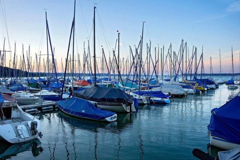 Sailing boats in the evening at the blue hour, marina harbour, Bernried, Lake Starnberg, Upper