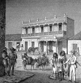 In front of the German pharmacy for the coffee merchants in Maracaibo, today Venezuela, in 1875,