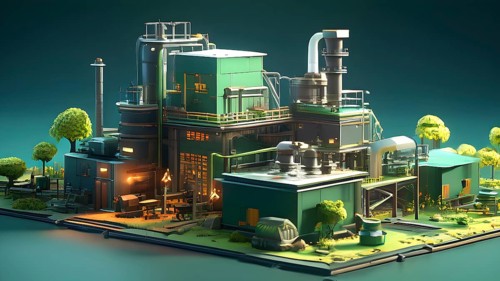 Concept of green configured factory engaged in the act of green washing, AI generated