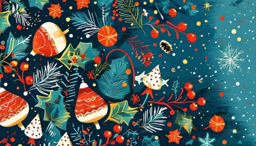 Abstract mix of traditional Christmas symbols arranged in a vibrant modern style, AI generated