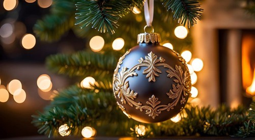 Christmas ornament hanging on a tree, with reflections of twinkling lights and fireplace flames