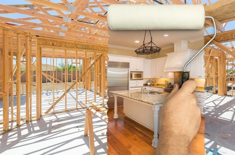 Before and after of man painting roller over construction framing to reveal completed and new