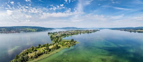 Aerial view, panorama of the island of Reichenau in Lake Constance on the horizon on the left the