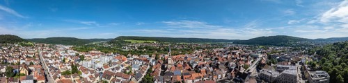 Aerial view, panorama of the city centre of Tuttlingen with the Protestant church of St. Peter and