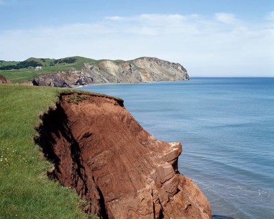 Eroded cliffs at Anse a Firmin, Havre-aux-Maisons, Magdalen Islands, Quebec, Canada, North America