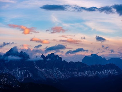 Odle peaks under clouds in the evening light, Val di Funes, Sass Rigais, Dolomites, South Tyrol,