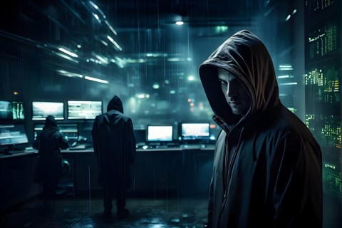 AI generated hooded man in a digital room symbolizing cyber criminality