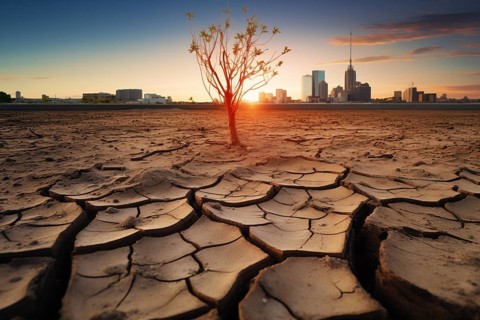 Drought climate change ecology solitude concept, dry dead tree in desert with a dry, cracked ground